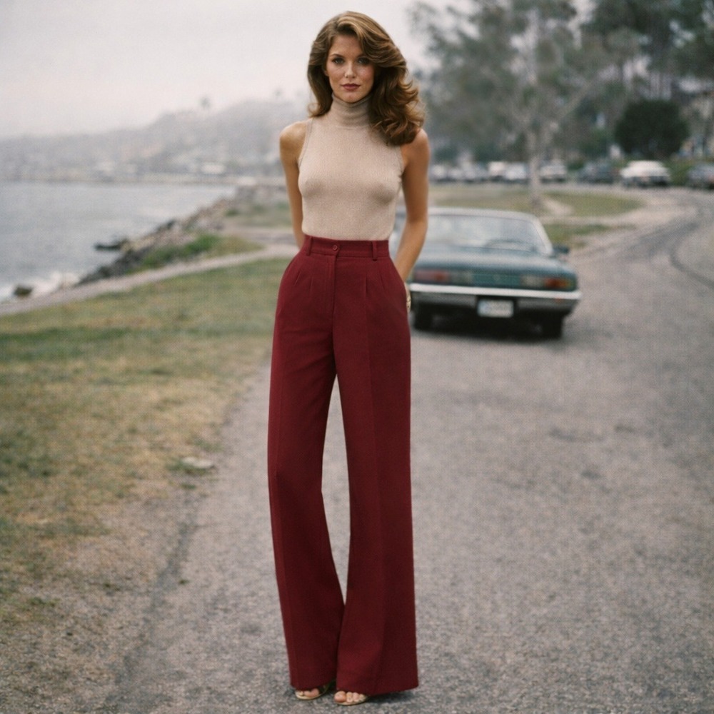 Vintage 70s Sears Perma-Prest Burgundy High‎ Waisted Wide Leg Trousers 32" Waist